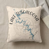 Decorative pillow featuring a blue map outline of Lake Tuscaloosa, Alabama.