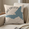 Pillow with blue Lake Gregory California map and compass graphic.