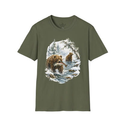 Kodiak Winter Brown Bear Fishing T-Shirt | Wildlife Salmon Catch Nature Lover Tee | Rustic Forest Animal Art Gift Shirt