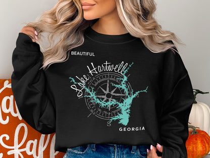 Black sweatshirt with Lake Hartwell map and compass graphic.