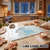 A glass cutting board printed with a Loch Raven Maryland map sits on a granite kitchen island surrounded by gingerbread cookies.