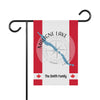 Canadian flag-themed garden flag with Maligne Lake outline and "The Smith Family."
