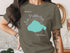 Olive t-shirt featuring a teal outline map of Lake Pontchartrain, Louisiana.