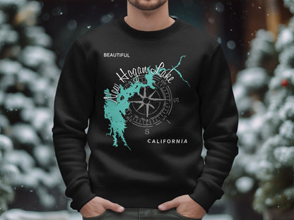 Black sweatshirt with New Hogan Lake map and compass design.