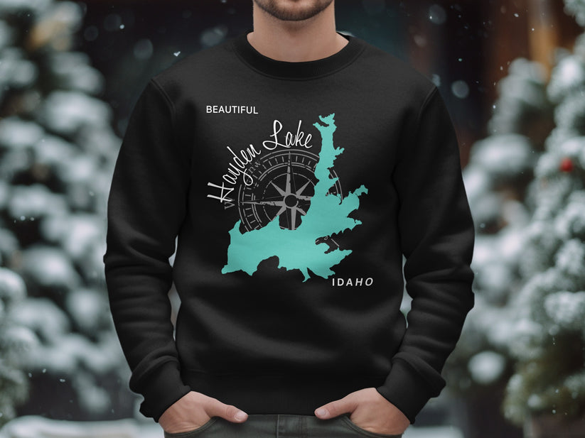 Black sweatshirt with a teal map of Hayden Lake, Idaho, and compass rose.