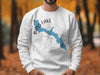 White sweatshirt with blue Bass Lake California map graphic and compass rose.
