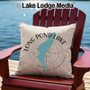 Beige pillow with "Long Pond Lake New Hampshire" and compass design.