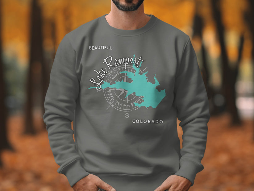Gray sweatshirt with "Beautiful Lake Rampart Colorado" map design and compass.