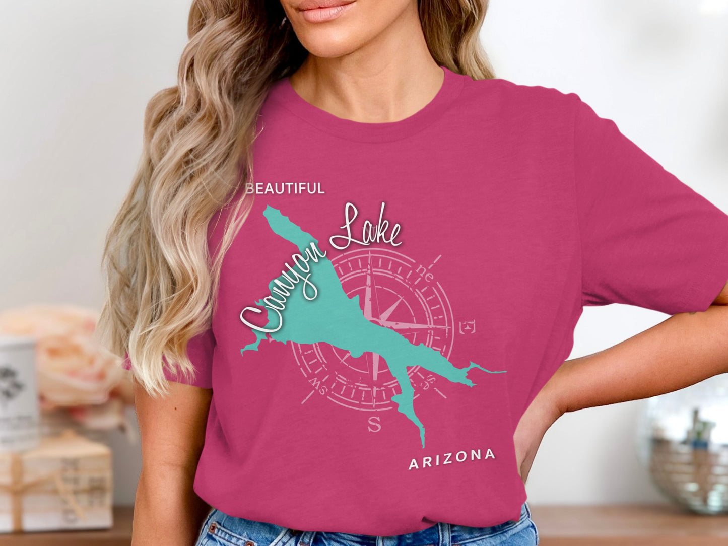 T-shirt with a teal map of Canyon Lake, Arizona, and compass rose graphic.