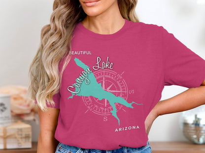 T-shirt with a teal map of Canyon Lake, Arizona, and compass rose graphic.