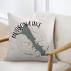Pillow with Hudson Lake Oklahoma map silhouette and compass design.