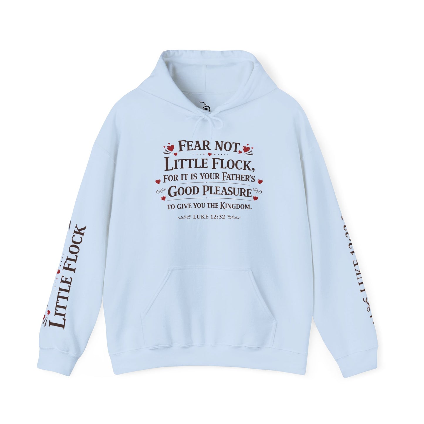 Fear Not Little Flock Hoodie with Printed Sleeves | Luke 12:32 Scripture Heart Design Bible Verse Gift | Share your faith