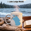 White mug with Lake George, Florida map and compass design.