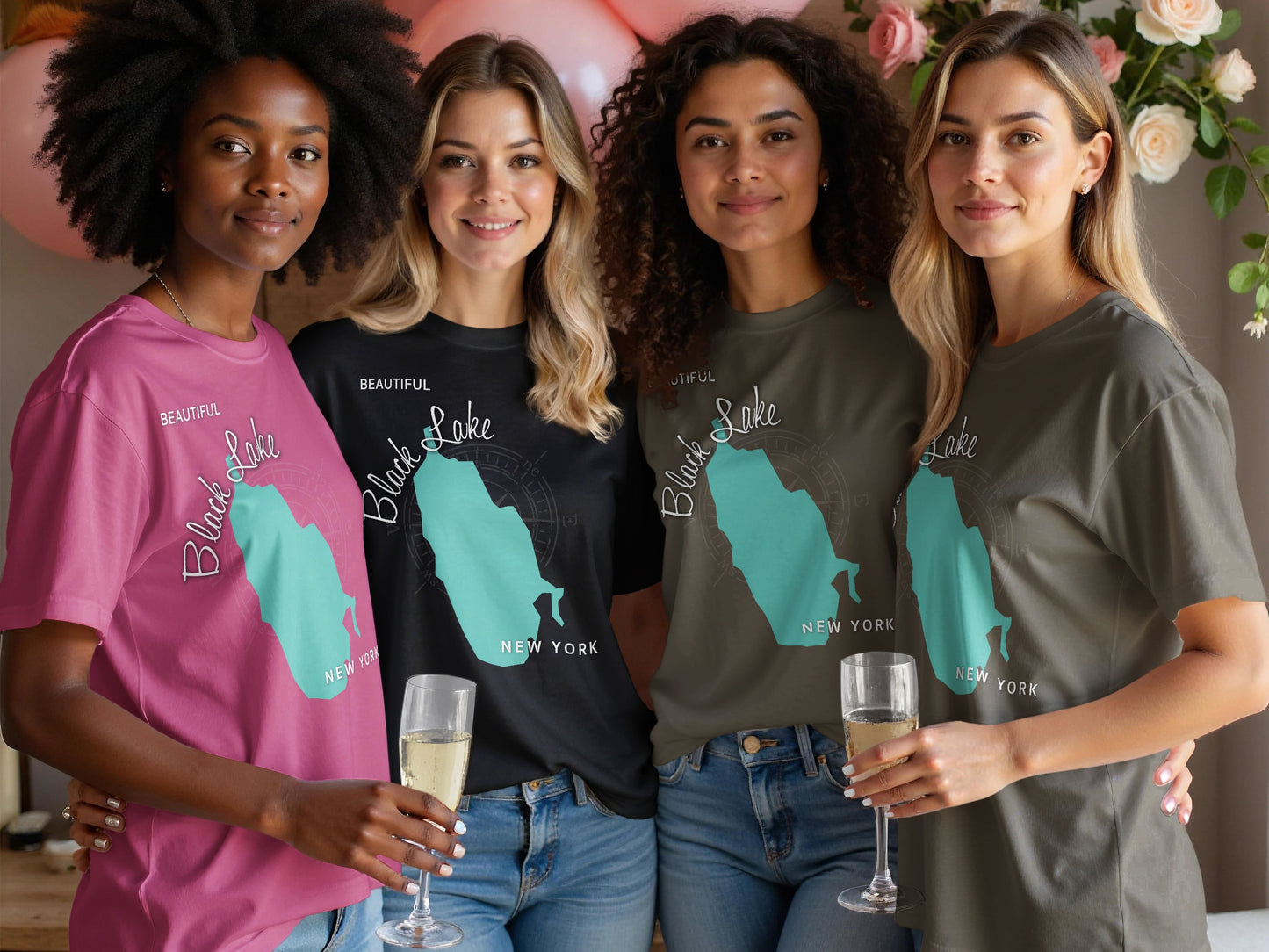 Four women wear t-shirts with Black Lake, New York graphic.