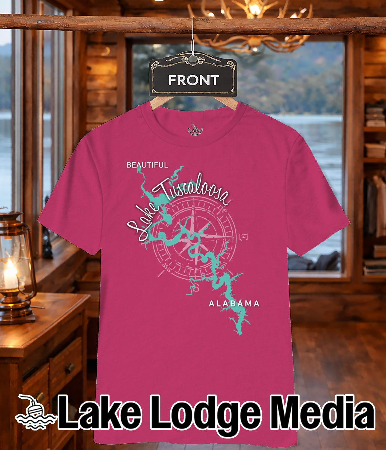Pink t-shirt featuring a compass rose graphic with "Lake Tuscaloosa" and "Alabama" text.