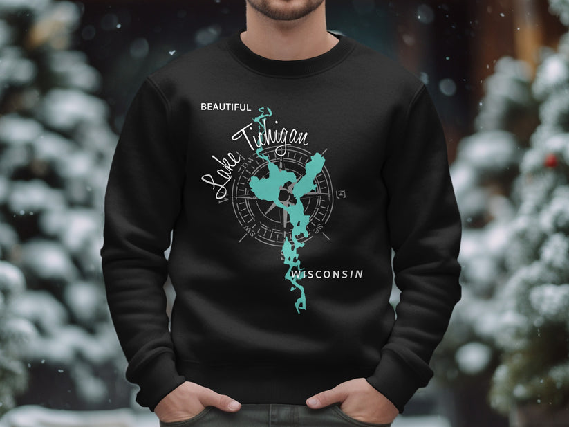Black sweatshirt with a teal compass rose and Michigan map outline, saying "Beautiful Tichigan Wisconsin".