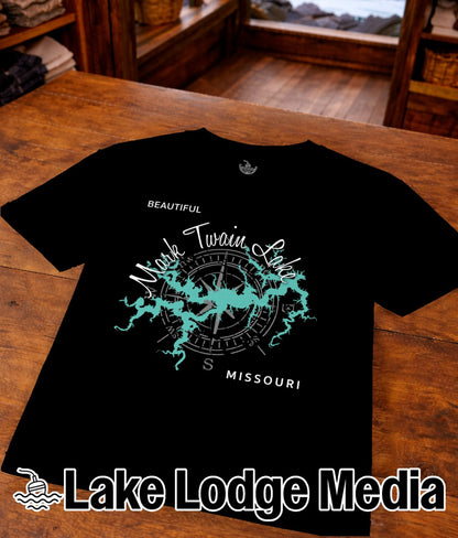Black t-shirt with compass graphic and "Mark Twain Lake Missouri" text.