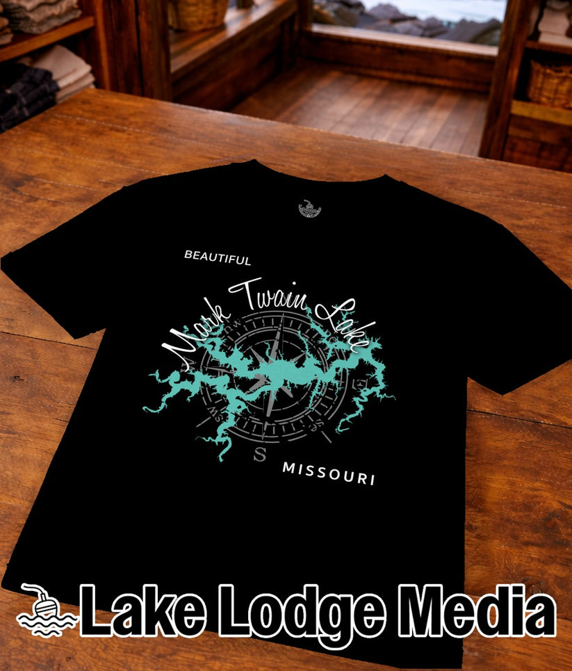 Black t-shirt with compass graphic and "Mark Twain Lake Missouri" text.