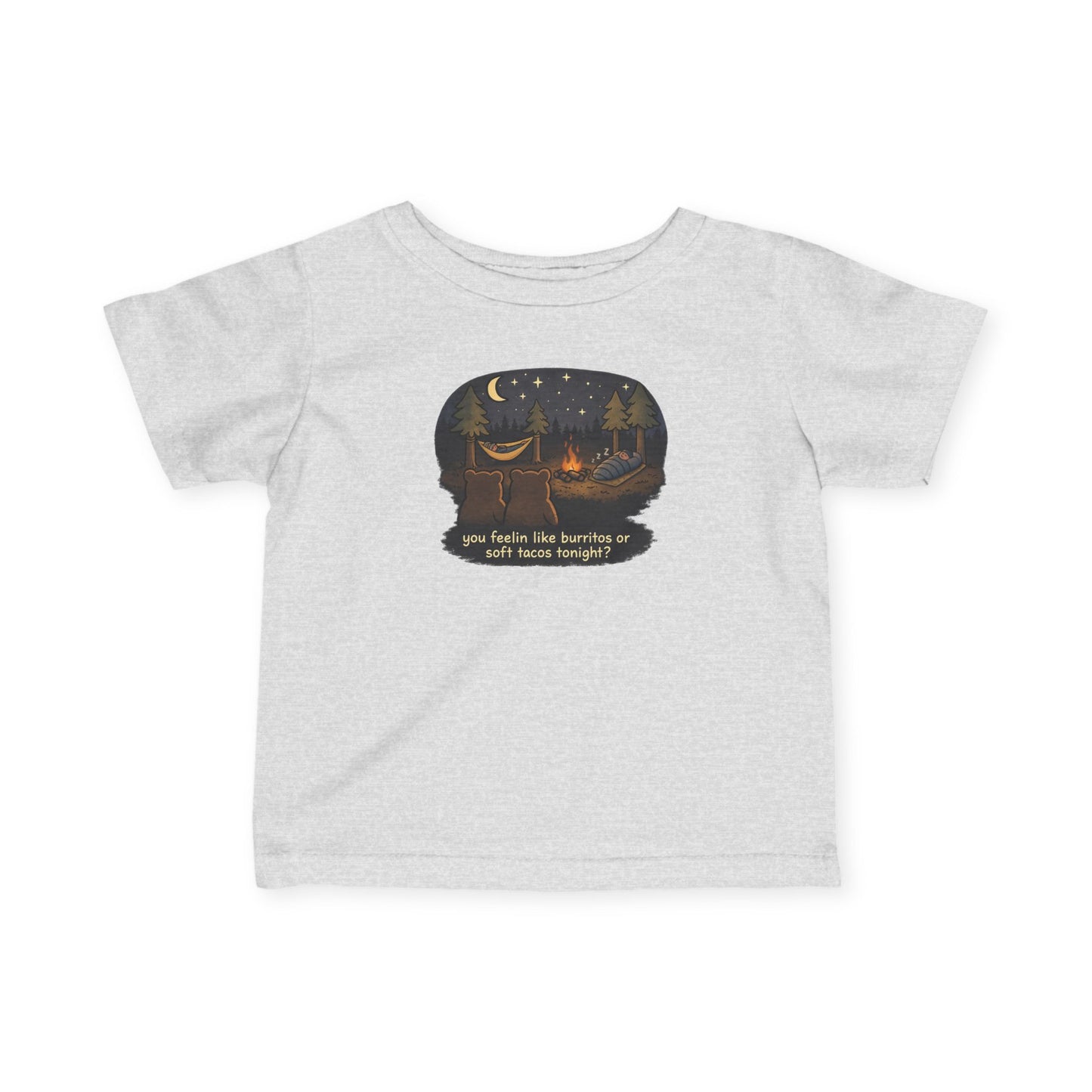 Campfire Bears Humor Baby Toddler Shirt, People in Sleeping Bags are Bear Burritos and Tacos Joke, Camping Smores Shirt