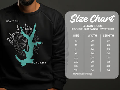 Gildan 18000 sweatshirt size chart with Lake Lurleen Alabama graphic.