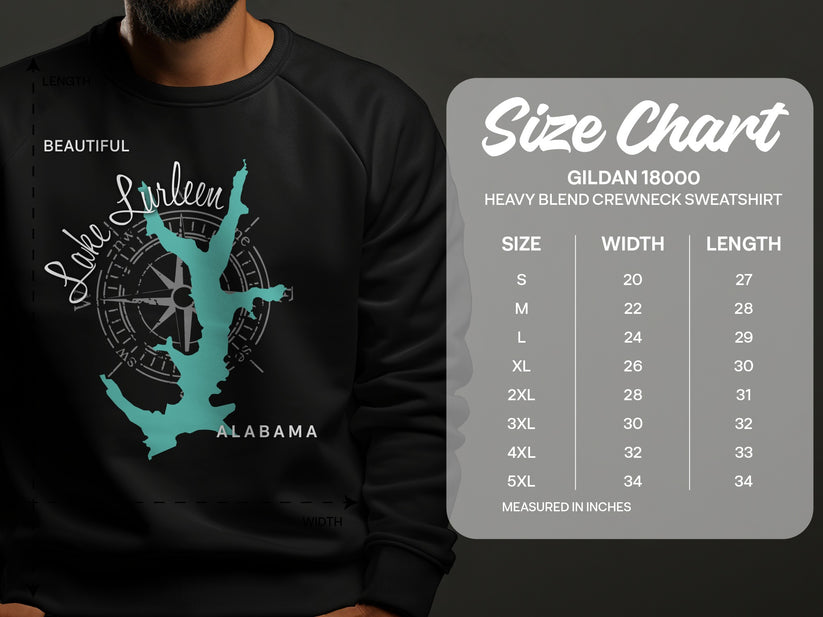 Gildan 18000 sweatshirt size chart with Lake Lurleen Alabama graphic.