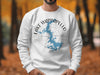 White sweatshirt featuring a blue map of Lake Wappapello and a compass rose.