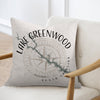 Pillow with Lake Greenwood South Carolina map and compass design.