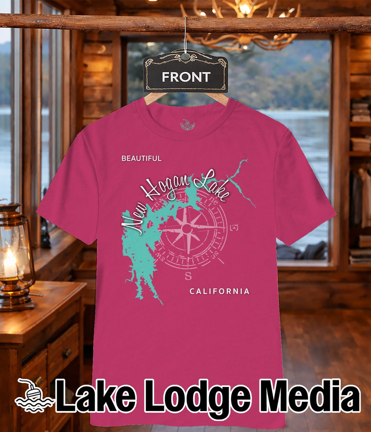 Pink t-shirt with New Hogan Lake California map and compass graphic.