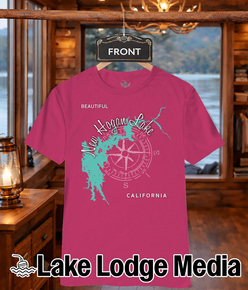 Pink t-shirt with New Hogan Lake California map and compass graphic.