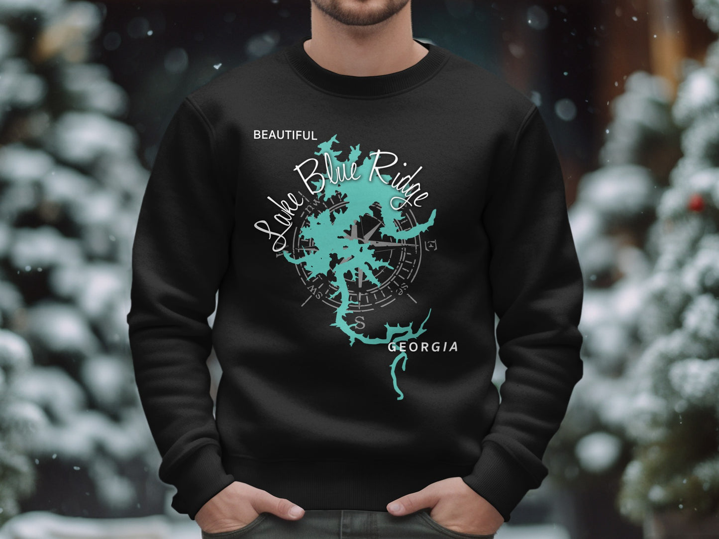 Black sweatshirt with a teal map design of Lake Blue Ridge, Georgia.