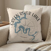 Pillow with blue Green River Lake map and compass design, reading "Green River Lake Kentucky".