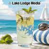 Glass with Canyon Lake map design, ice, lime, mint, and Lake Lodge Media logo.