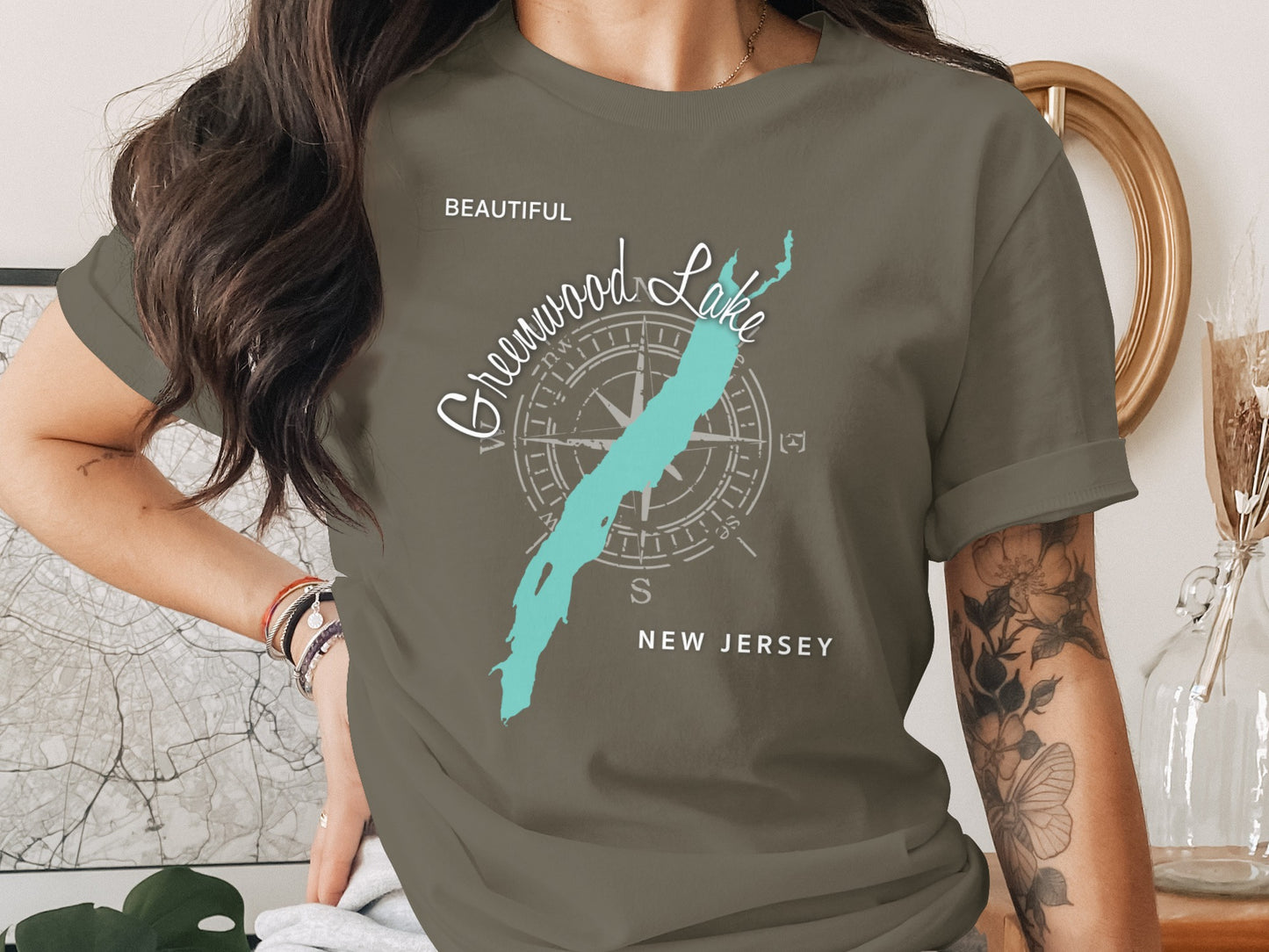 T-shirt with compass rose and "Greenwood Lake New Jersey" text.