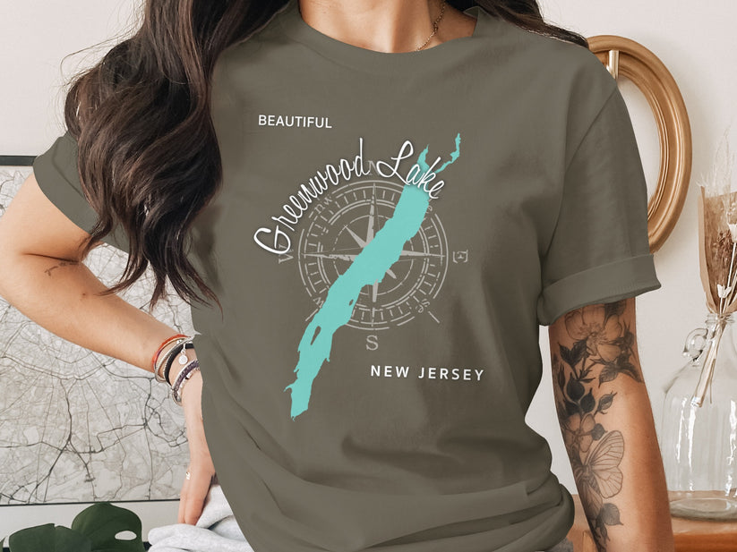 T-shirt with compass rose and "Greenwood Lake New Jersey" text.