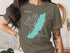 Dark t-shirt with light blue map of Carlyle Lake, Illinois and compass rose.