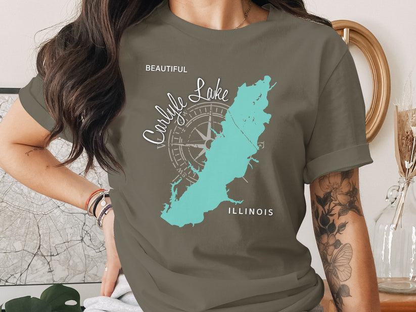 Dark t-shirt with light blue map of Carlyle Lake, Illinois and compass rose.