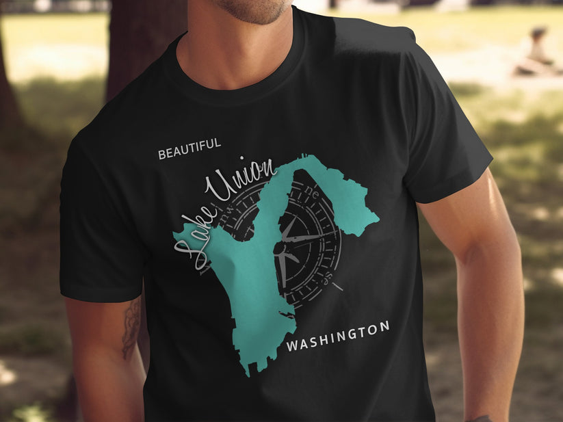 Black t-shirt with "Lake Union Washington" map and compass design.