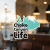 Choke Canyon Life sticker on glass, with outline of lake.