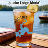 Glass of iced tea with lake map design and "Lake Lodge Media" logo.