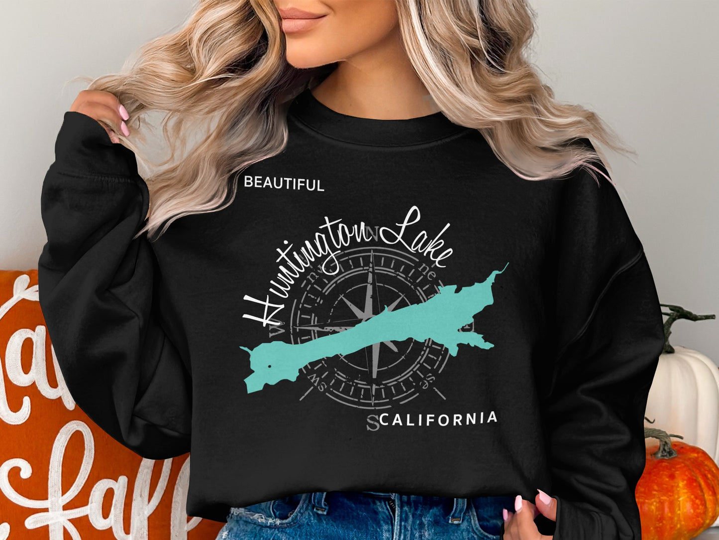 Black sweatshirt featuring Huntington Lake map and compass graphic with text.