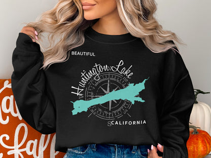 Black sweatshirt featuring Huntington Lake map and compass graphic with text.
