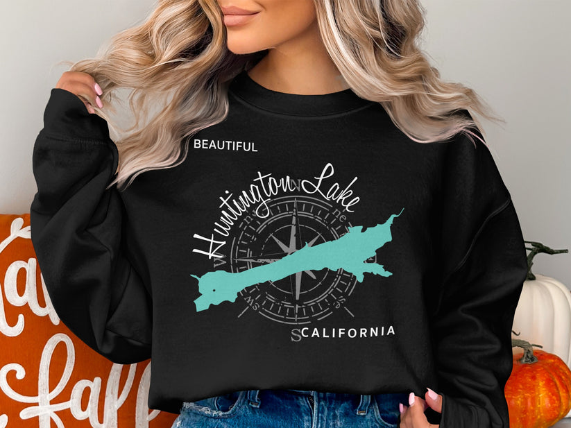 Black sweatshirt featuring Huntington Lake map and compass graphic with text.
