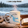 White mug with Hebgen Lake Montana map and compass design.