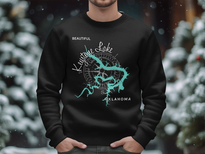 Black sweatshirt with a compass rose and Keystone Lake map of Oklahoma.