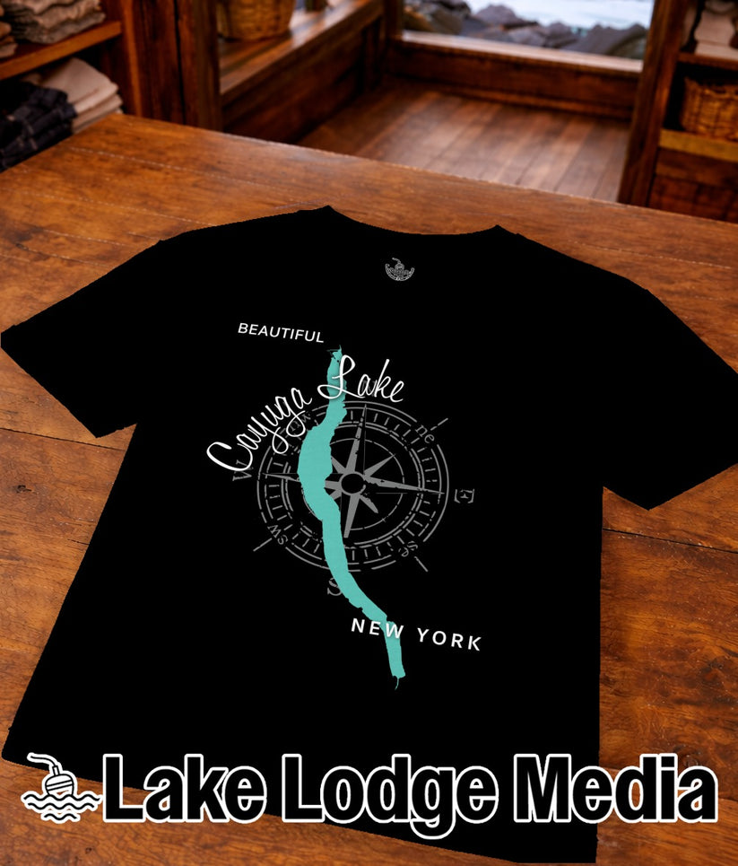 Black t-shirt with Cayuga Lake graphic, compass, and "Lake Lodge Media" text.
