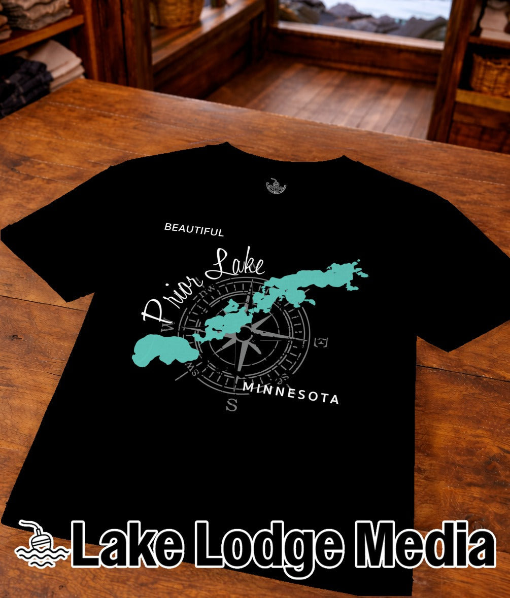 Black t-shirt with compass rose map graphic of Prior Lake, Minnesota.