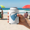 White can cooler with "Lake Perris California" map graphic held on a beach.