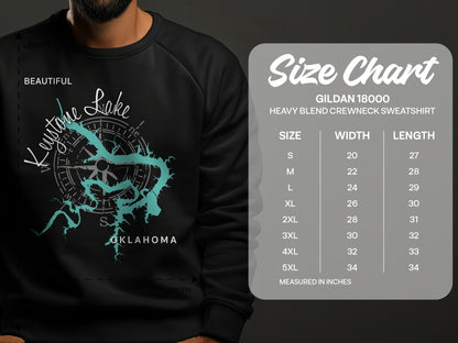 Keystone Lake Oklahoma graphic on crewneck sweatshirt, with size chart.