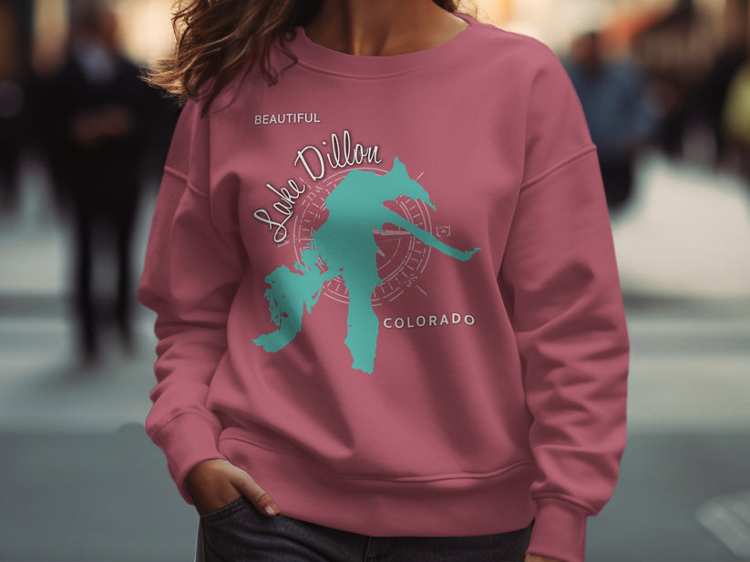 Teal Lake Dillon, Colorado graphic on a dusty rose sweatshirt.