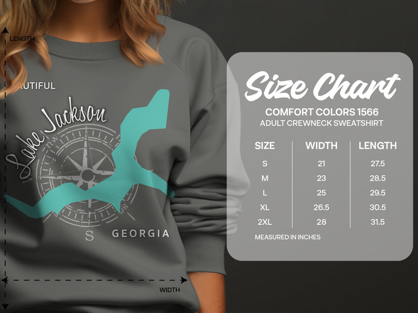 Comfort Colors 1566 sweatshirt size chart with measurements for Jackson, Georgia.